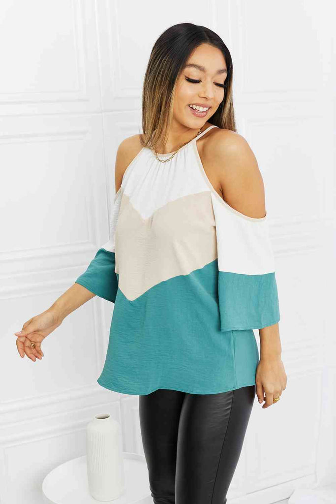 Hailey & Co Full Size Color Block Cold-Shoulder Blouse-Timber Brooke Boutique, Online Women's Fashion Boutique in Amarillo, Texas