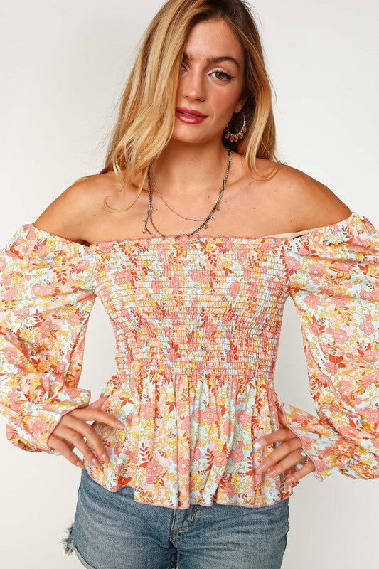 Peach/Teal Floral Square Neck Smocked Challis Blouse-Long Sleeve Tops-Timber Brooke Boutique, Online Women's Fashion Boutique in Amarillo, Texas
