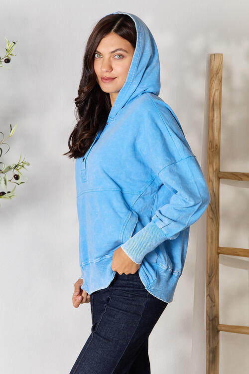 Zenana Half Snap Long Sleeve Hoodie with Pockets-Timber Brooke Boutique, Online Women's Fashion Boutique in Amarillo, Texas