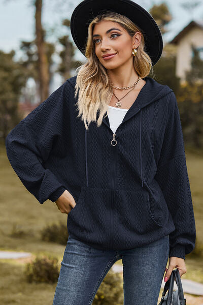 Drawstring Zip Up Dropped Shoulder Hoodie-Timber Brooke Boutique, Online Women's Fashion Boutique in Amarillo, Texas