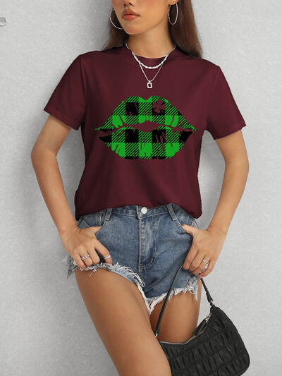 Plaid Lip Graphic Round Neck T-Shirt-Timber Brooke Boutique, Online Women's Fashion Boutique in Amarillo, Texas