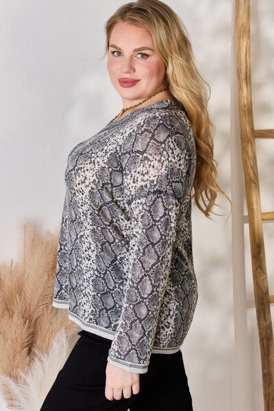 Hailey & Co Full Size Snakeskin V-Neck Long Sleeve Top-Timber Brooke Boutique, Online Women's Fashion Boutique in Amarillo, Texas