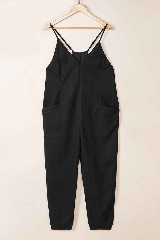 Textured Black Sleeveless V-Neck Pocketed Jumpsuit-Jumpsuits-Timber Brooke Boutique, Online Women's Fashion Boutique in Amarillo, Texas