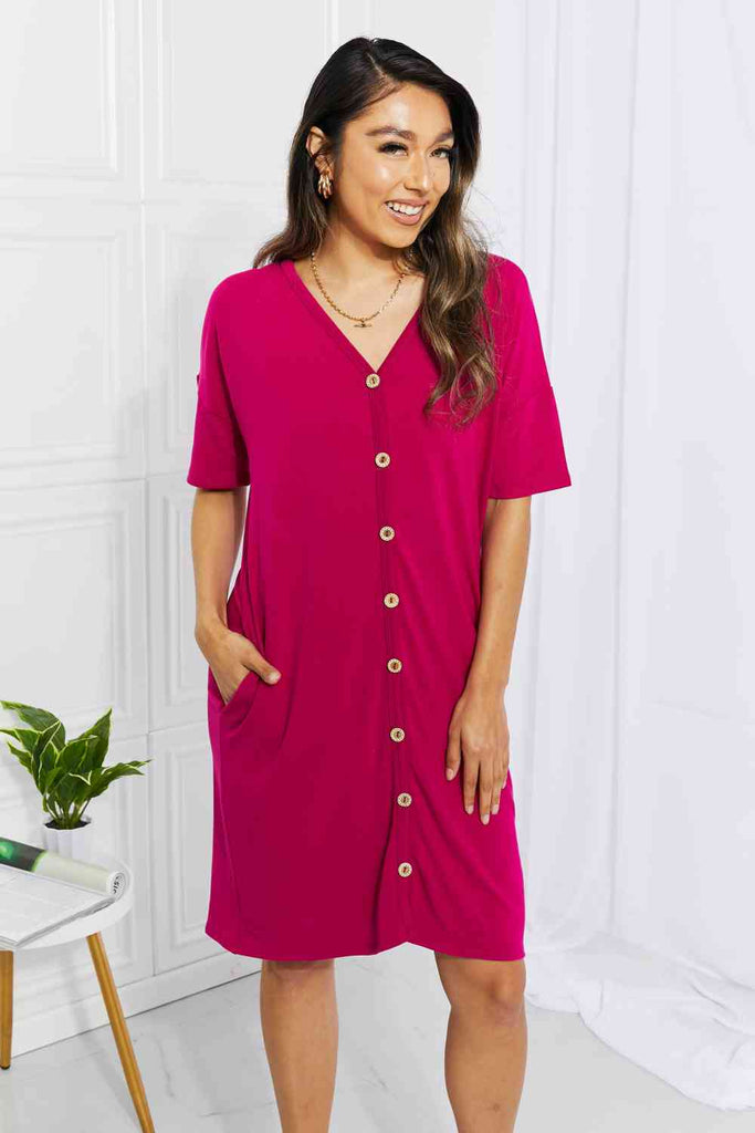 BOMBOM Sunday Brunch Button Down Knee-Length Dress in Magenta-Timber Brooke Boutique, Online Women's Fashion Boutique in Amarillo, Texas
