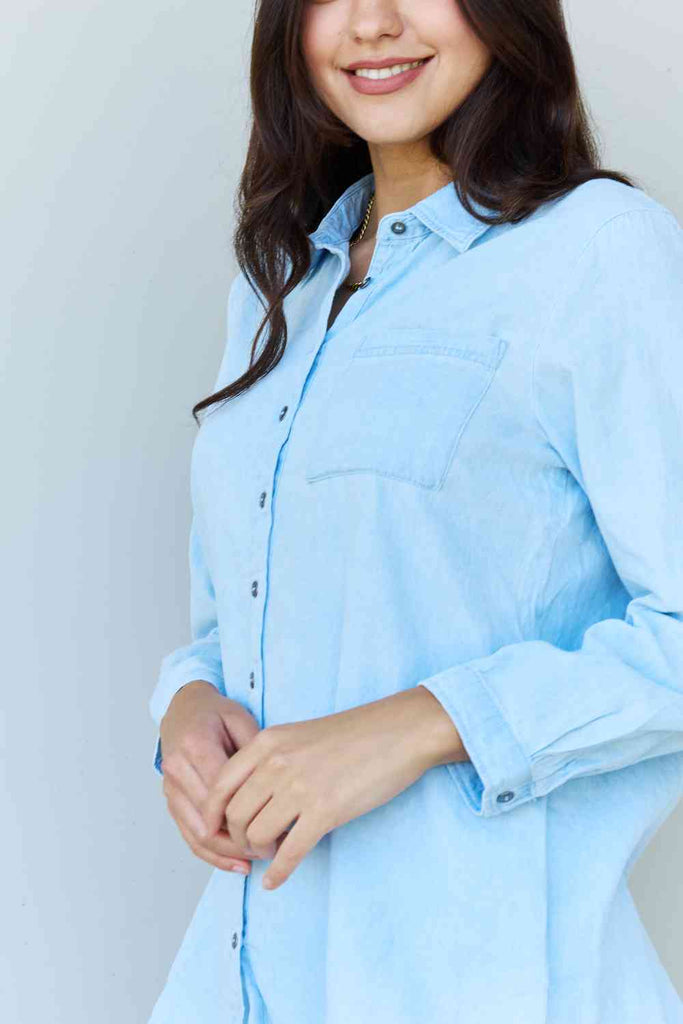 Doublju Blue Jean Baby Denim Button Down Shirt Top in Light Blue-Timber Brooke Boutique, Online Women's Fashion Boutique in Amarillo, Texas