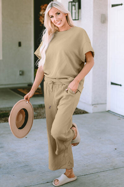 Double Take Full Size Texture Short Sleeve Top and Pants Set-Timber Brooke Boutique, Online Women's Fashion Boutique in Amarillo, Texas