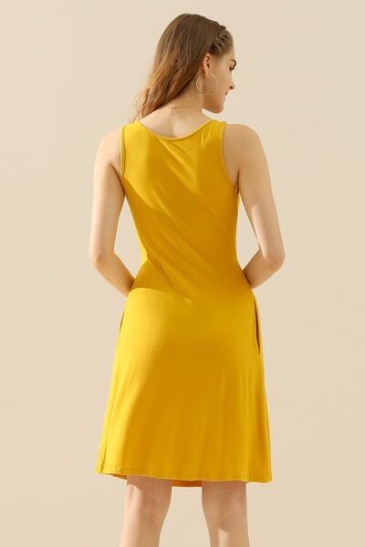 Doublju Full Size Round Neck Ruched Sleeveless Dress with Pockets-Timber Brooke Boutique, Online Women's Fashion Boutique in Amarillo, Texas
