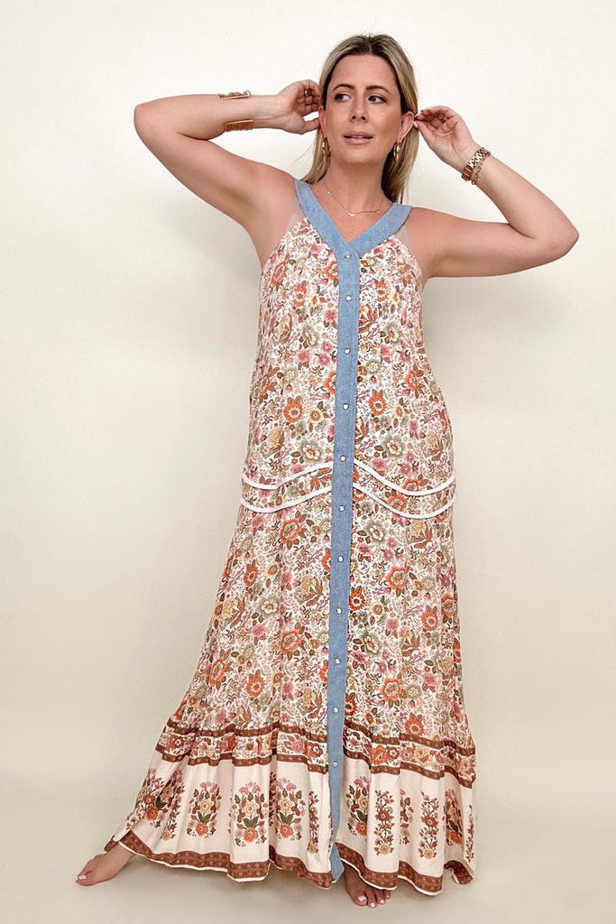 Davi & Dani Button Down Floral Maxi Dress-Maxi Dresses-Timber Brooke Boutique, Online Women's Fashion Boutique in Amarillo, Texas
