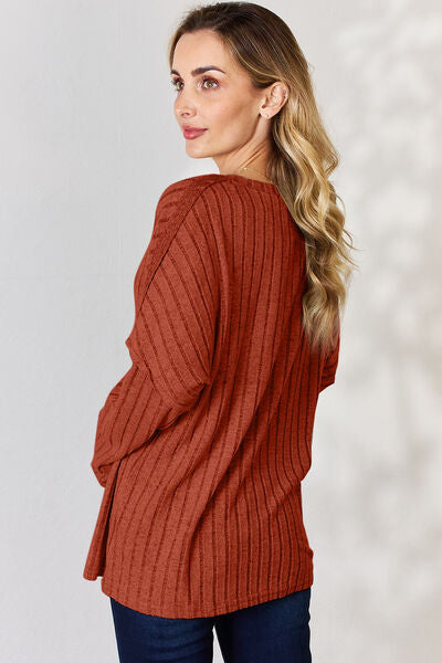 Basic Bae Full Size Ribbed Half Button Long Sleeve T-Shirt-Timber Brooke Boutique, Online Women's Fashion Boutique in Amarillo, Texas