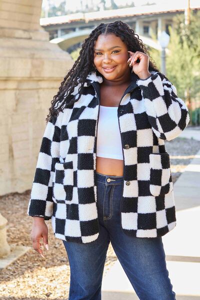 Double Take Full Size Checkered Button Front Coat with Pockets-Timber Brooke Boutique, Online Women's Fashion Boutique in Amarillo, Texas