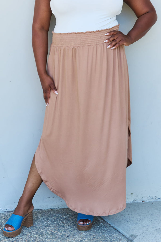 Doublju Comfort Princess Full Size High Waist Scoop Hem Maxi Skirt in Tan-Timber Brooke Boutique, Online Women's Fashion Boutique in Amarillo, Texas