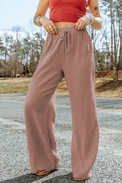 Texture Tied Wide Leg Pants-Timber Brooke Boutique, Online Women's Fashion Boutique in Amarillo, Texas