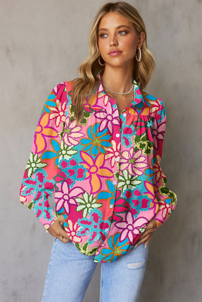 Printed Collared Neck Long Sleeve Shirt-Timber Brooke Boutique, Online Women's Fashion Boutique in Amarillo, Texas