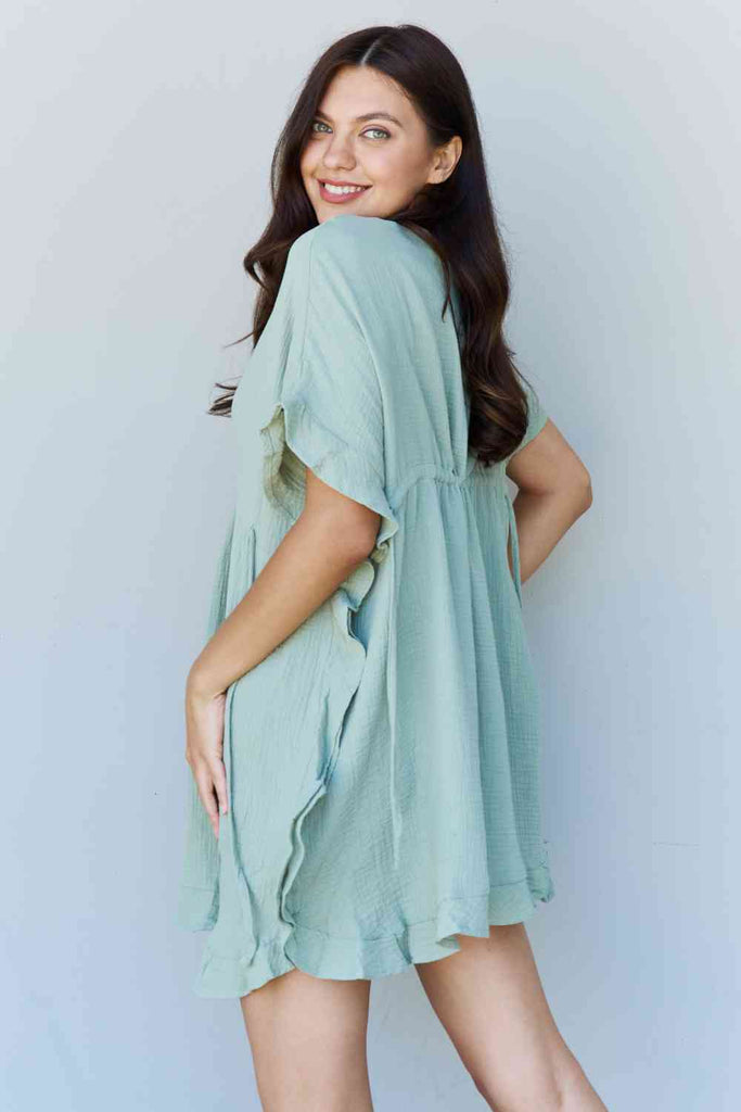 Ninexis Out Of Time Full Size Ruffle Hem Dress with Drawstring Waistband in Light Sage-Timber Brooke Boutique, Online Women's Fashion Boutique in Amarillo, Texas