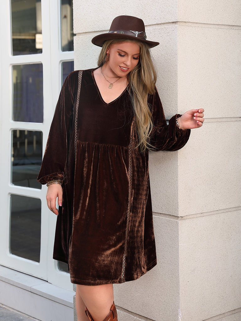 Plus Size V-Neck Balloon Sleeves Dress-Timber Brooke Boutique, Online Women's Fashion Boutique in Amarillo, Texas