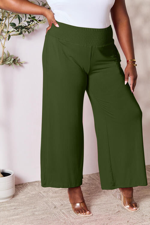 Double Take Full Size Smocked Wide Waistband Wide Leg Pants-Timber Brooke Boutique, Online Women's Fashion Boutique in Amarillo, Texas