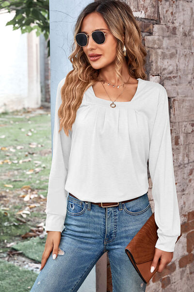 Ruched Square Neck Long Sleeve T-Shirt-Timber Brooke Boutique, Online Women's Fashion Boutique in Amarillo, Texas