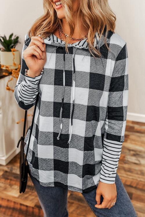 Plaid Drawstring Long Sleeve Hoodie-Timber Brooke Boutique, Online Women's Fashion Boutique in Amarillo, Texas