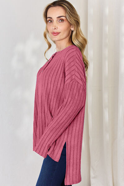 Basic Bae Full Size Ribbed Half Button Long Sleeve High-Low T-Shirt-Timber Brooke Boutique, Online Women's Fashion Boutique in Amarillo, Texas