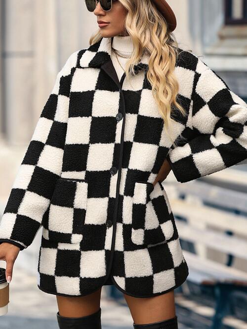 Double Take Full Size Checkered Button Front Coat with Pockets-Timber Brooke Boutique, Online Women's Fashion Boutique in Amarillo, Texas
