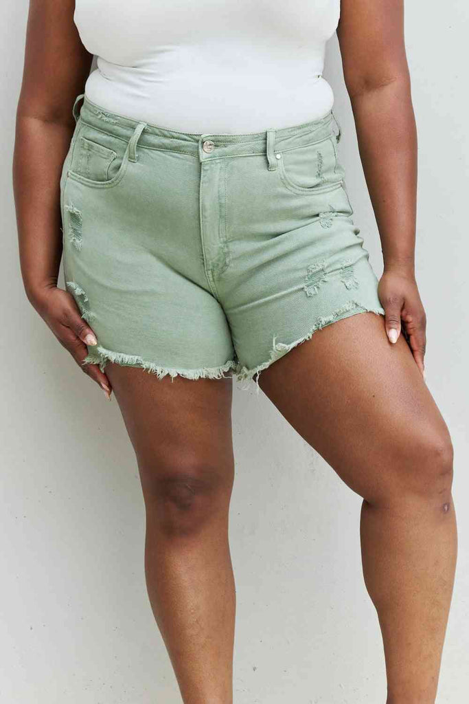 RISEN Katie Full Size High Waisted Distressed Shorts in Gum Leaf-Timber Brooke Boutique, Online Women's Fashion Boutique in Amarillo, Texas