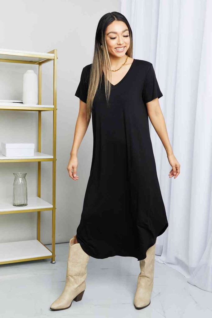 HYFVE V-Neck Short Sleeve Curved Hem Dress in Black-Timber Brooke Boutique, Online Women's Fashion Boutique in Amarillo, Texas