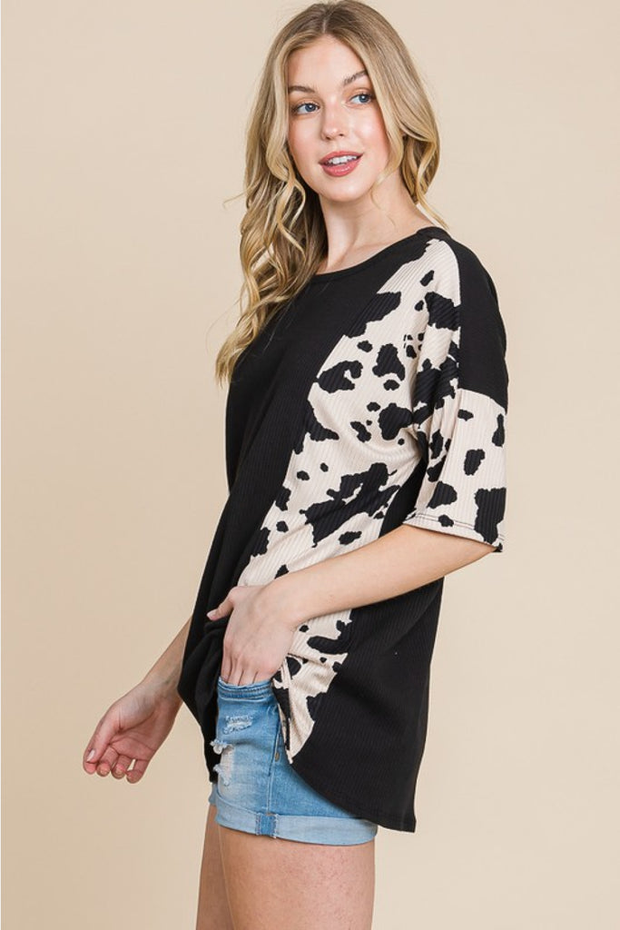 BOMBOM Rodeo Love Ribbed Animal Contrast Tee-Short Sleeve Top-Timber Brooke Boutique, Online Women's Fashion Boutique in Amarillo, Texas