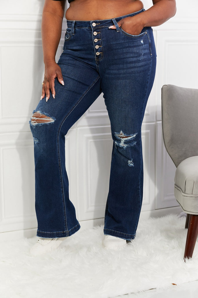 Kancan Full Size Reese Midrise Button Fly Flare Jeans-Timber Brooke Boutique, Online Women's Fashion Boutique in Amarillo, Texas