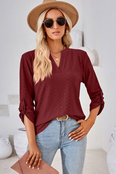Notched Roll-Tab Sleeve T-Shirt-Timber Brooke Boutique, Online Women's Fashion Boutique in Amarillo, Texas