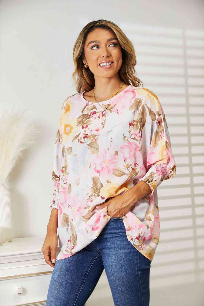 Double Take Floral Round Neck Three-Quarter Sleeve Top-Timber Brooke Boutique, Online Women's Fashion Boutique in Amarillo, Texas