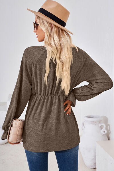 Ruched Round Neck Flounce Sleeve Blouse-Timber Brooke Boutique, Online Women's Fashion Boutique in Amarillo, Texas