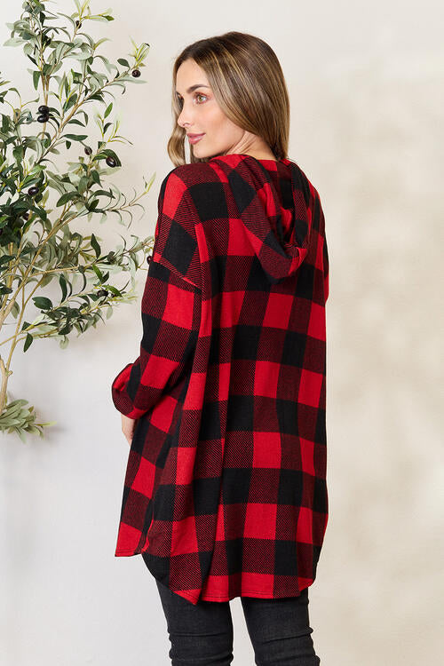 Heimish Full Size Plaid Button Front Hooded Shirt-Timber Brooke Boutique, Online Women's Fashion Boutique in Amarillo, Texas