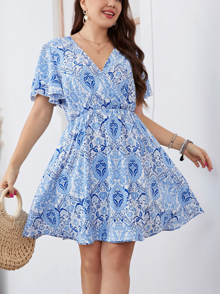 Plus Size Surplice Flutter Sleeve Mini Dress-Timber Brooke Boutique, Online Women's Fashion Boutique in Amarillo, Texas