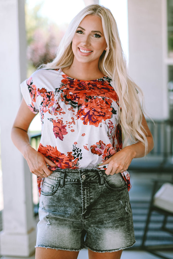 Floral Round Neck Short Sleeve Top-Timber Brooke Boutique, Online Women's Fashion Boutique in Amarillo, Texas