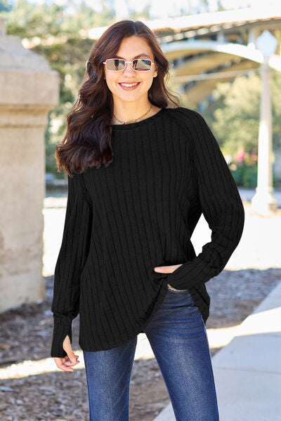 Basic Bae Full Size Ribbed Round Neck Long Sleeve Knit Top-Timber Brooke Boutique, Online Women's Fashion Boutique in Amarillo, Texas