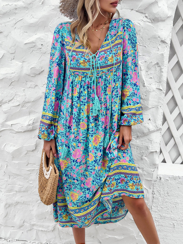 Tassel Tied Printed Long Sleeve Dress-Timber Brooke Boutique, Online Women's Fashion Boutique in Amarillo, Texas