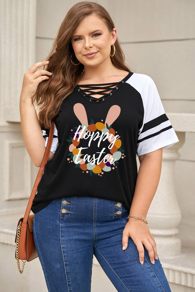 Plus Size HAPPY EASTER Graphic Crisscross V-Neck Tee-Timber Brooke Boutique, Online Women's Fashion Boutique in Amarillo, Texas