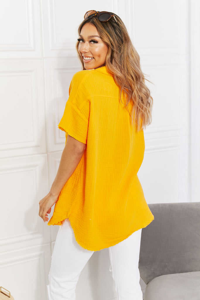 Zenana Full Size Summer Breeze Gauze Short Sleeve Shirt in Mustard-Timber Brooke Boutique, Online Women's Fashion Boutique in Amarillo, Texas