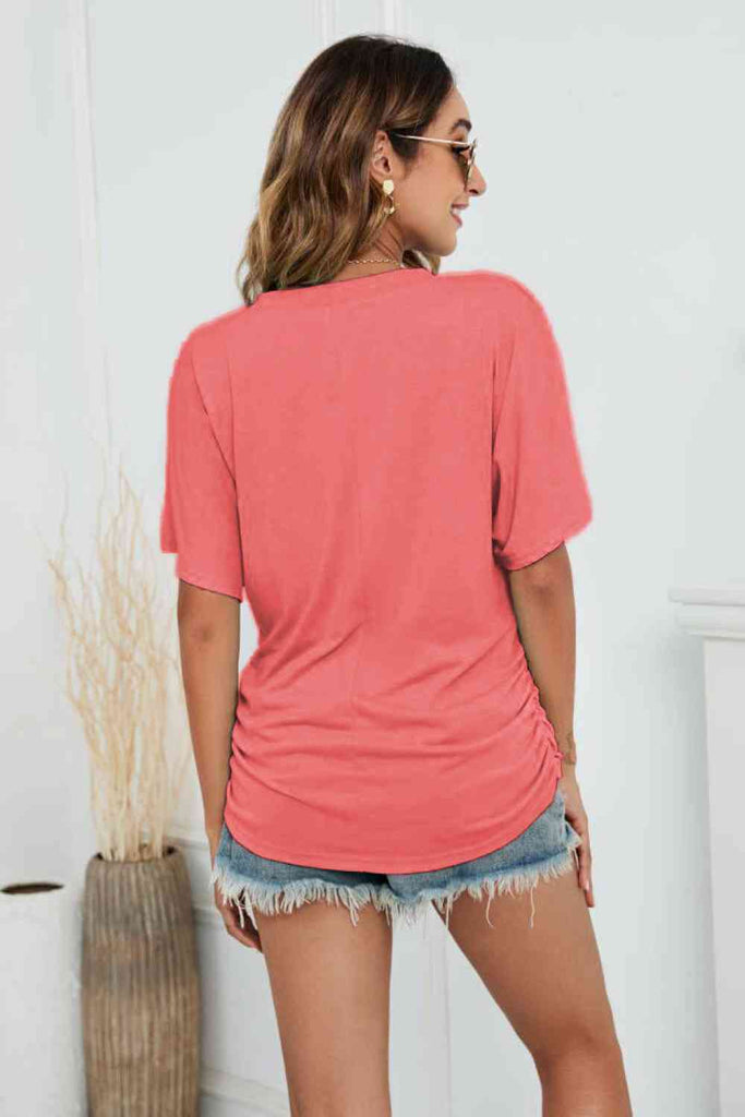 V-Neck Side Ruched Tee-Timber Brooke Boutique, Online Women's Fashion Boutique in Amarillo, Texas