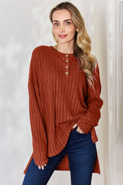 Basic Bae Full Size Ribbed Half Button Long Sleeve High-Low T-Shirt-Timber Brooke Boutique, Online Women's Fashion Boutique in Amarillo, Texas