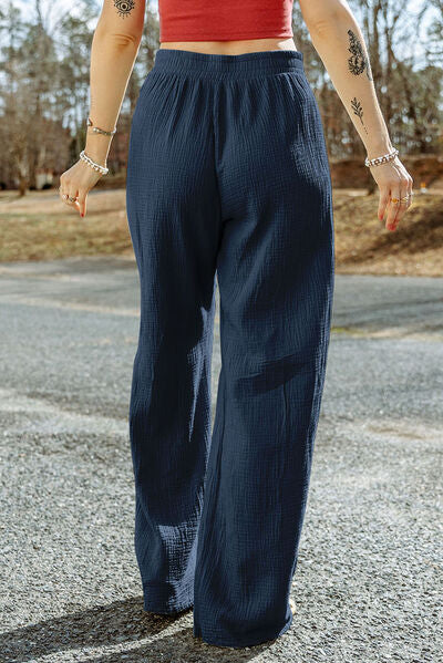 Texture Tied Wide Leg Pants-Timber Brooke Boutique, Online Women's Fashion Boutique in Amarillo, Texas