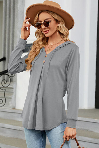 Decorative Button Drawstring Long Sleeve Hoodie-Timber Brooke Boutique, Online Women's Fashion Boutique in Amarillo, Texas