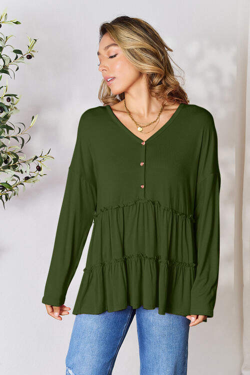 Double Take Half Button Long Sleeve Ruffle Hem Blouse-Timber Brooke Boutique, Online Women's Fashion Boutique in Amarillo, Texas