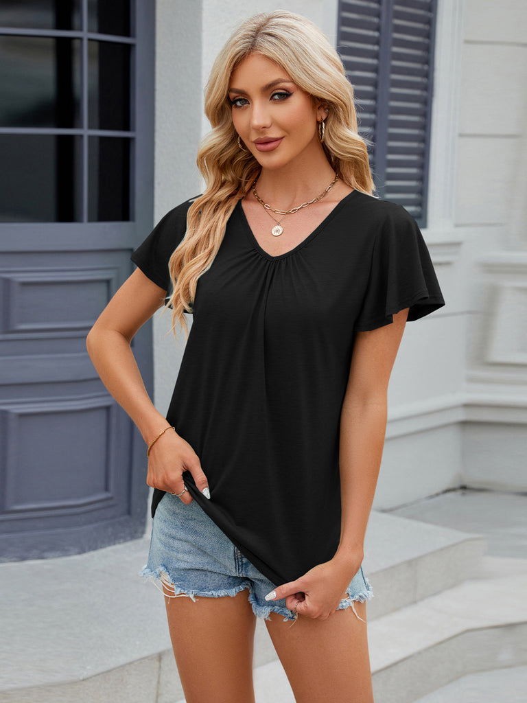Ruched V-Neck Short Sleeve T-Shirt-Timber Brooke Boutique, Online Women's Fashion Boutique in Amarillo, Texas