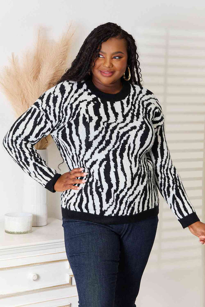 Heimish Full Size Zebra Print Sweater-Sweaters-Timber Brooke Boutique, Online Women's Fashion Boutique in Amarillo, Texas