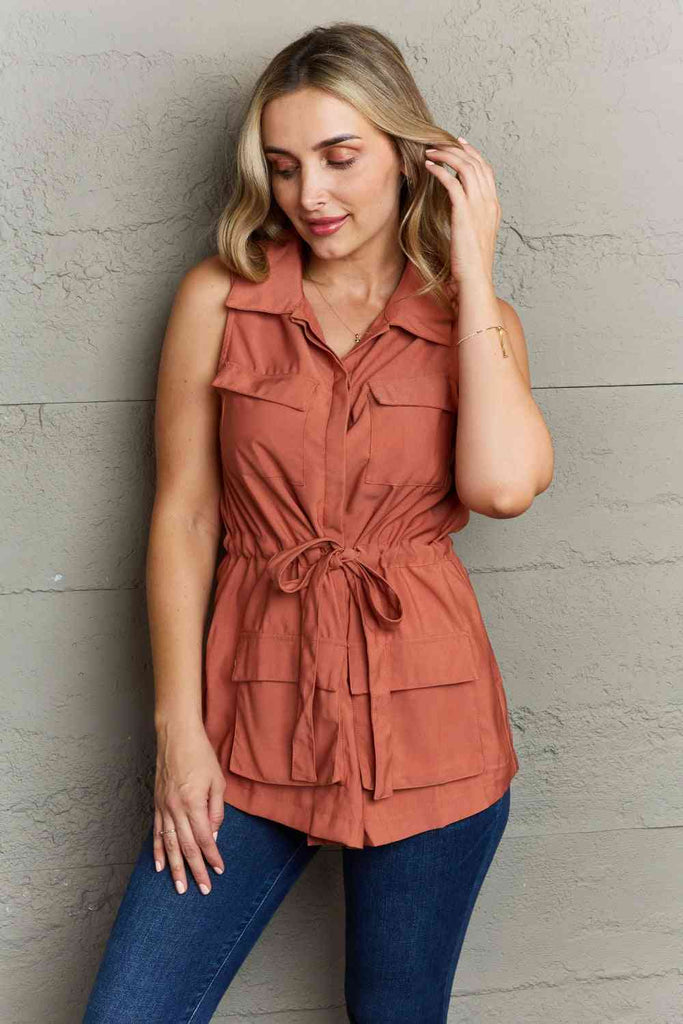 Ninexis Follow The Light Sleeveless Collared Button Down Top-Timber Brooke Boutique, Online Women's Fashion Boutique in Amarillo, Texas