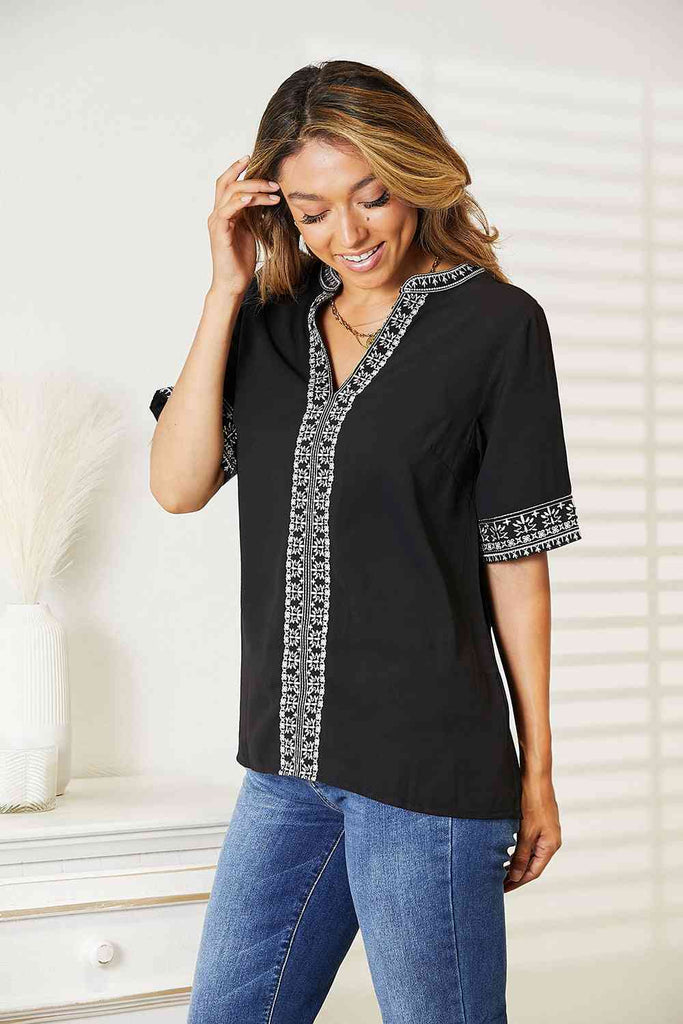 Double Take Embroidered Notched Neck Top-Timber Brooke Boutique, Online Women's Fashion Boutique in Amarillo, Texas