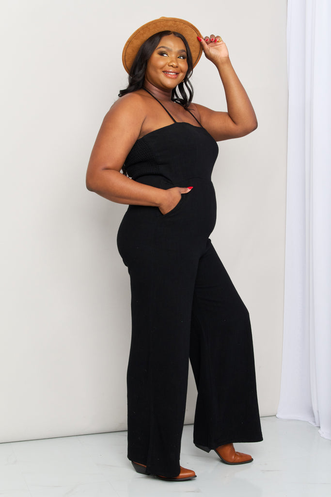 White Birch Full Size Halter Neck Wide Leg Jumpsuit with Pockets-Timber Brooke Boutique, Online Women's Fashion Boutique in Amarillo, Texas