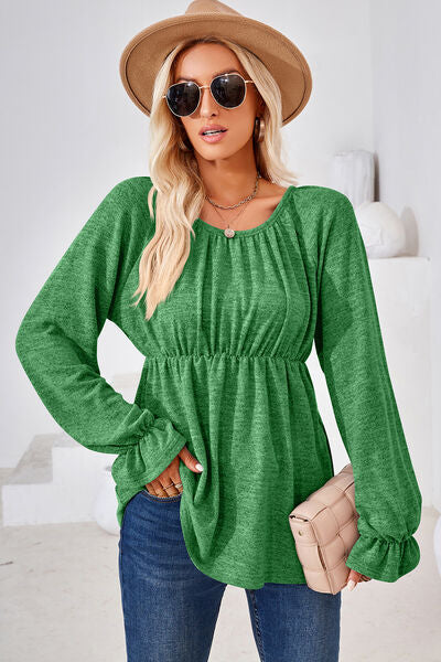 Ruched Round Neck Flounce Sleeve Blouse-Timber Brooke Boutique, Online Women's Fashion Boutique in Amarillo, Texas