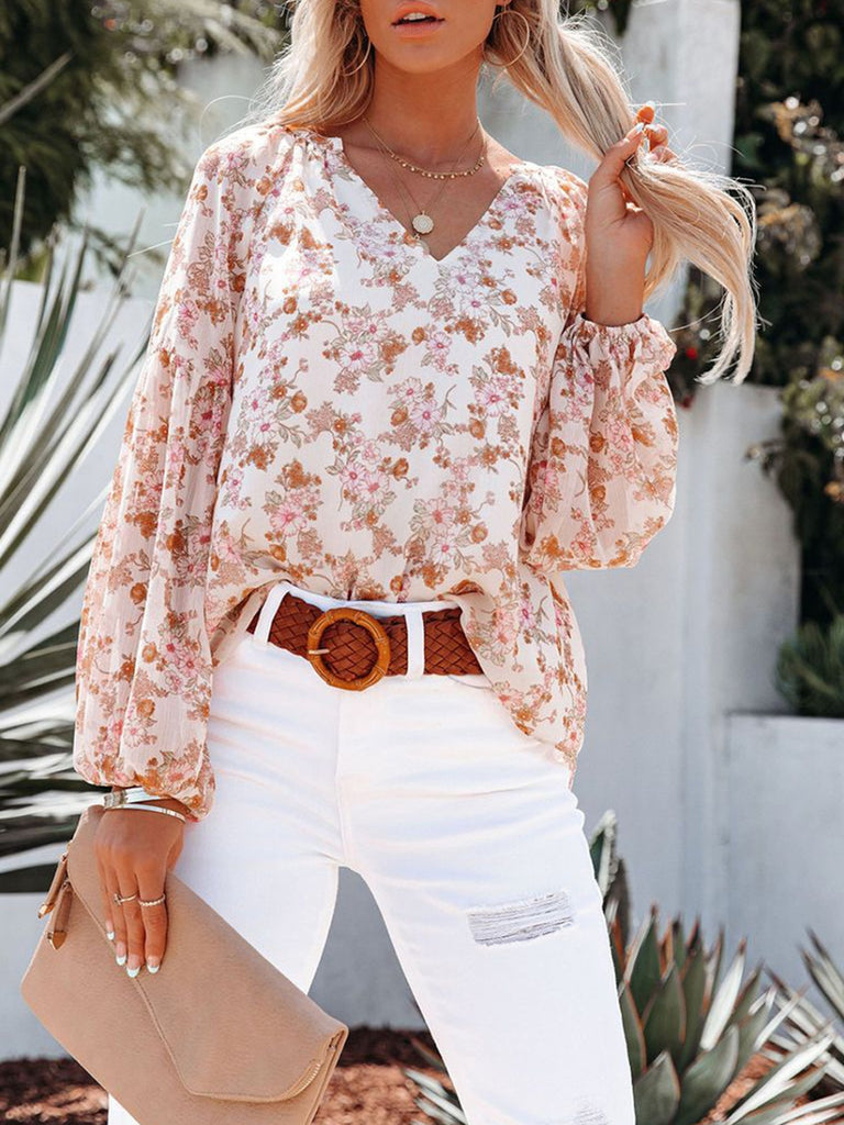Floral Notched Balloon Sleeve Blouse-Timber Brooke Boutique, Online Women's Fashion Boutique in Amarillo, Texas